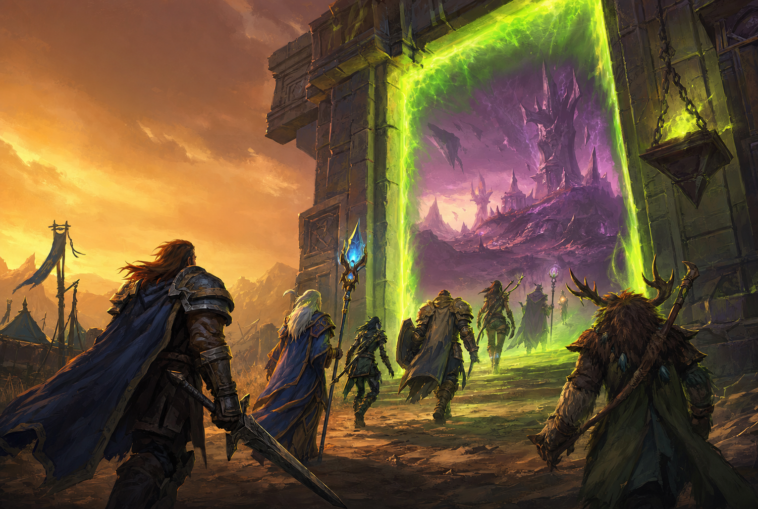 A diverse roster of adventurers crossing together from Azeroth through the Dark Portal into Outland