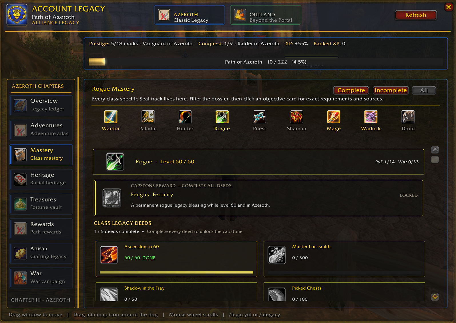 Rogue Class Mastery dossier in the Account Legacy journal