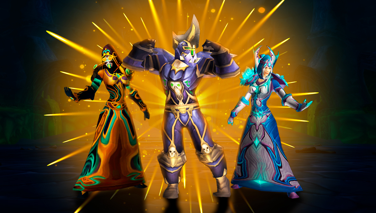 Three adventurers celebrating in distinctive armor