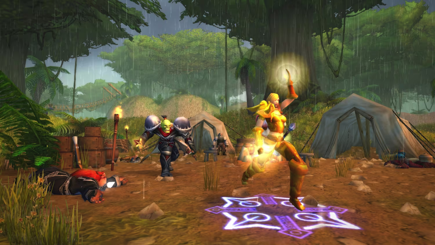 Adventurers fighting in a rainy Classic camp